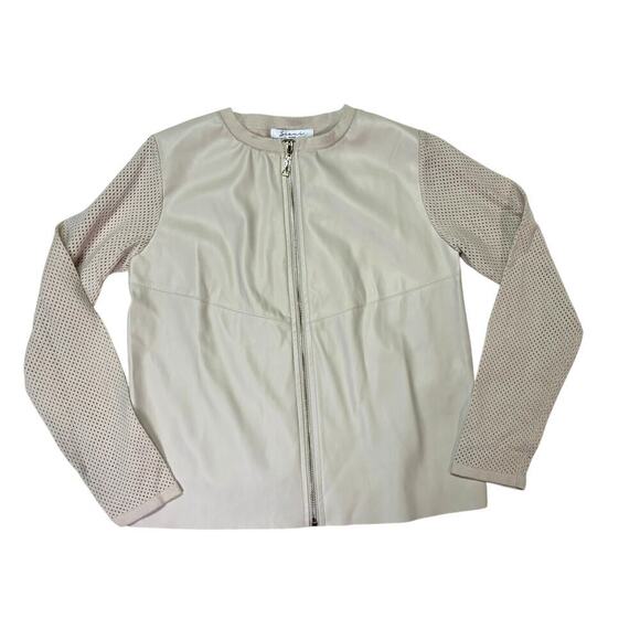 Sioni | Beige Knit Mesh Sleeve Sweater, Cardigan, Gold Zipper, Leather Jacket - Picture 1 of 6